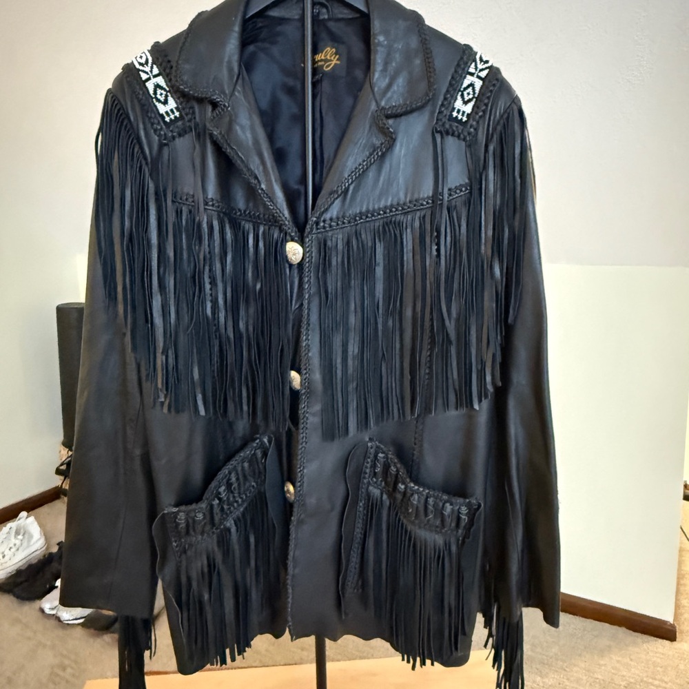 Scully Black Leather Jacket with Fringe and Patterned Accents